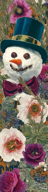 Free printable Christmas bookmarks of a snowman behind a Christmas tree